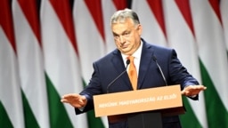 Hungarian Prime Minister Viktor Orban gives a speech in Budapest on November 18 after being re-elected leader at the congress of the governing right-wing Fidesz party.