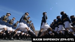 Russian servicewomen take part in a military parade in Moscow (file photo)