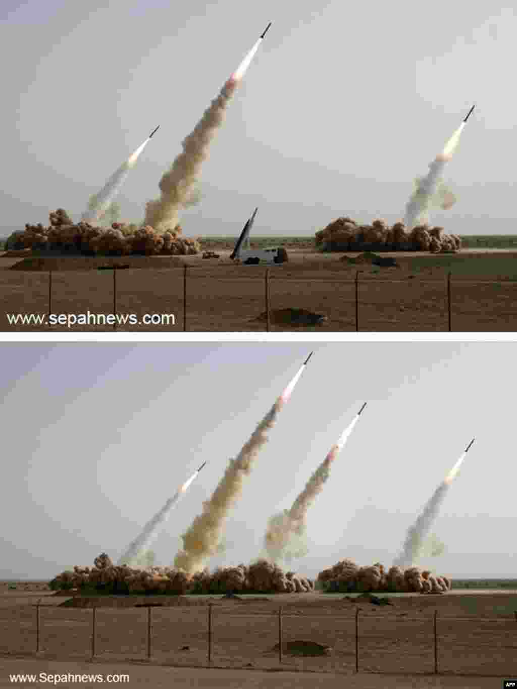 Iran tests-fires new medium-range missiles. Or do they? - A combo of two handout pictures released by the news website and public relations arm of Iran's Revolutionary Guards, Sepah News, shows two different versions of the same photograph during a test-firing in an undisclosed location in the Iranian desert on July 9, 2008. One picture (top) shows three missiles taking off from a desert launchpad while a fourth remains in the launcher while an apparently digitally altered picture shows all four missiles rising into the air. A defence analyst said on July 10 that Iran had apparently doctored the photographs with one missile apparently added using elements from the smoke trail and dust clouds from two of the other missiles.