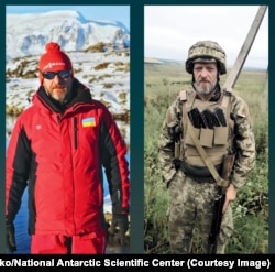 Yuriy Lyshenko photographed in Antarctica (left), and while serving in the Ukrainian army.