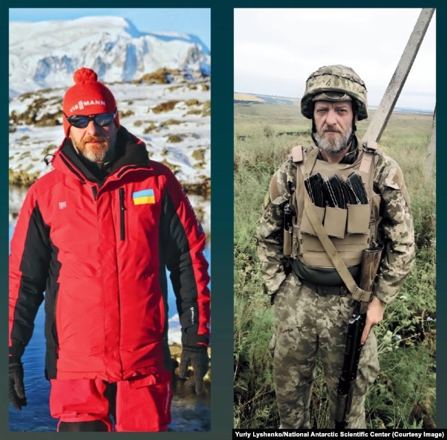 Yuriy Lyshenko i fotografuar në Antarktidë (majtas) dhe duke luftuar për ushtrinë ukrainase.