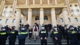GEORGIA -- Georgian police officers guard a court building in central Tbilisii, April 8, 2021