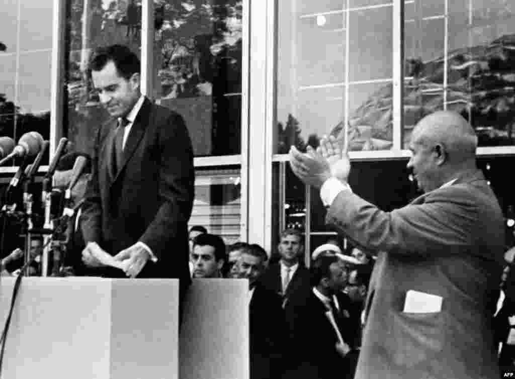 U.S. Vice President Richard Nixon speaks at the American National Exhibition in Moscow in 1959, an event that gave many Russians their first glimpse of capitalist life. At the exhibition, Nixon and Khrushchev launched an impromptu discussion about their countries&#39; economic systems which became known as the Kitchen Debate.