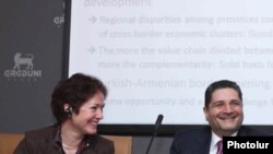 Armenia -- Prime Minister Tigran Sarkisian and U.S. Ambassador Marie Yovanovitch attend a panel discussion in Yerevan on February 12, 2010.