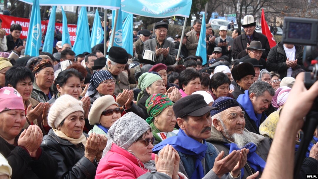 Some 250 opposition supporters gathered in Bishkek on March 15 to protest the crackdown on U.S.-funded media.