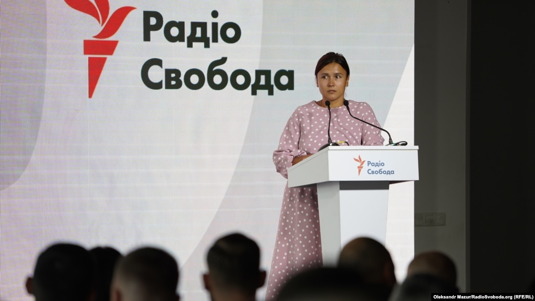 Kateryna Yesypenko speaks during an event marking the 70th anniversary of RFE/RL's Ukrainian Service in Kyiv in September 2024,