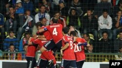 Slovakia - Armenian players celebrate their goal during their Euro 2012 qualifying football match Slovakia vs Armenia in Zilina, 06Sep2011