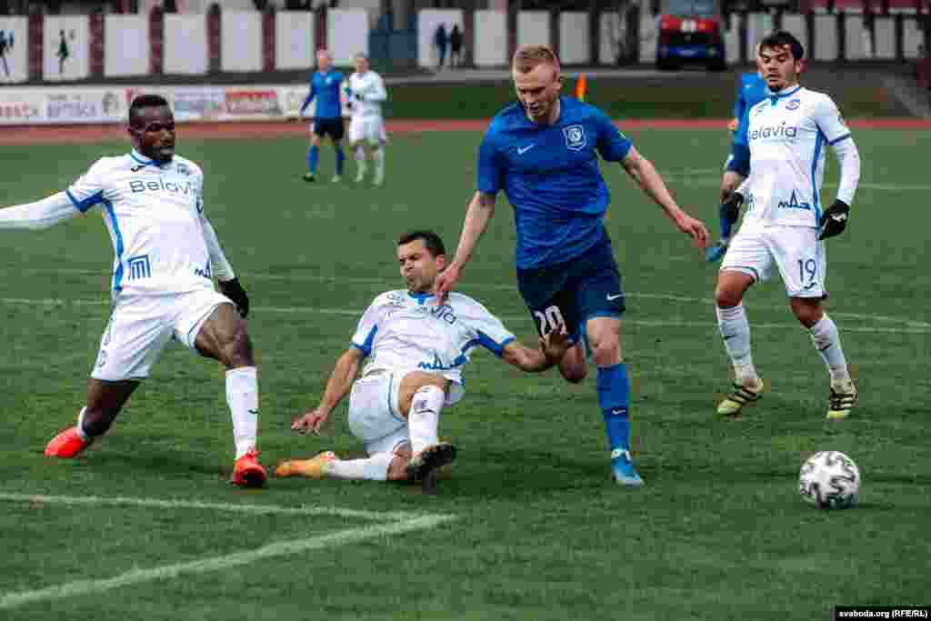 A soccer match between Vitebsk and Brest Dinamo is played on April 18.&nbsp;Belarus is the only country in Europe still playing soccer amid the pandemic but a growing number of fans are boycotting league matches, anxious about catching the disease.