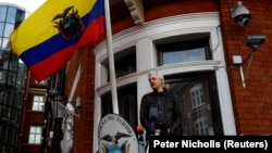 WikiLeaks founder Julian Assange is seen on the balcony of the Ecuadoran Embassy in London.