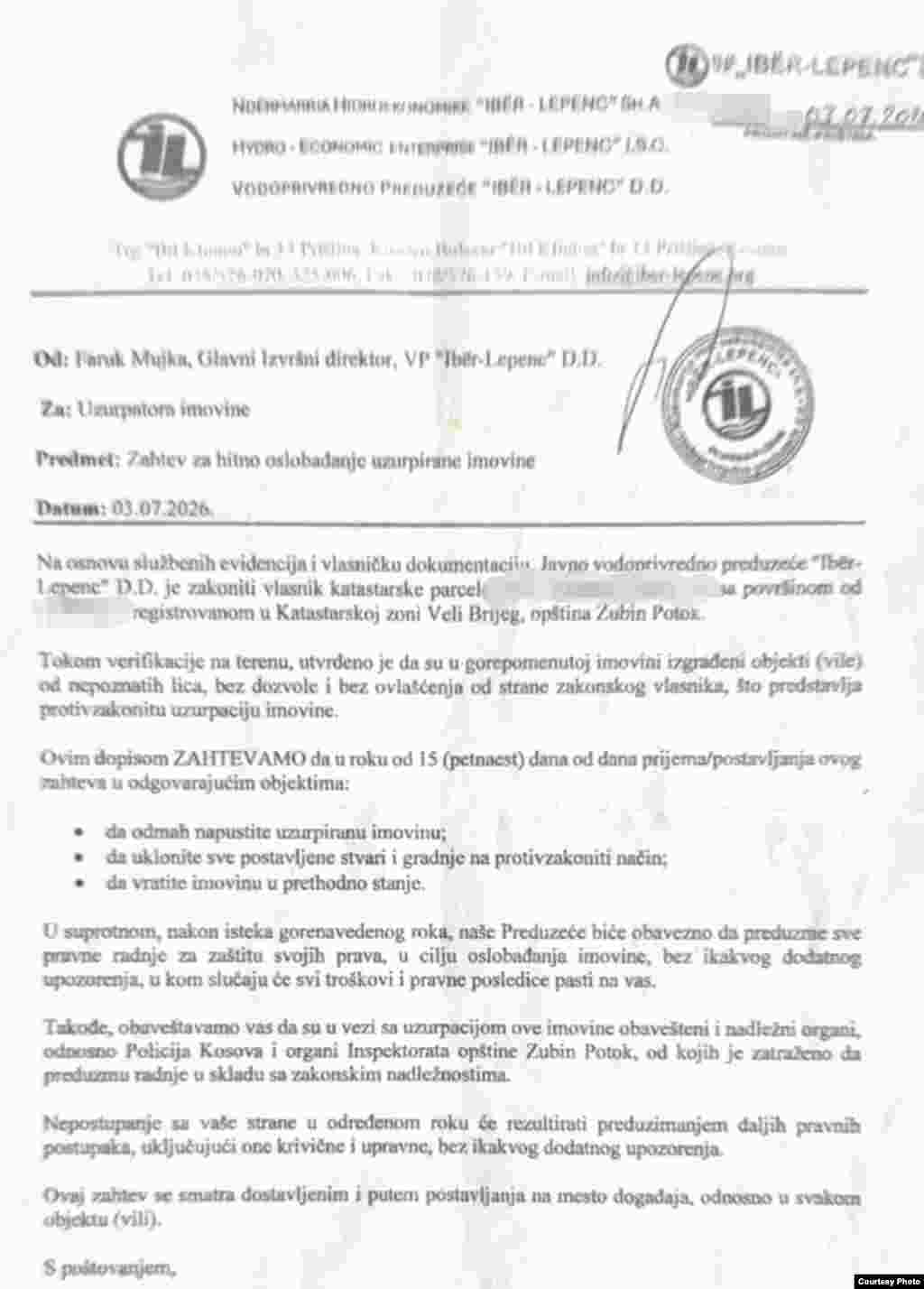 Kërkesa që kryeshefi i "Ibër-Lepencit" Faruk Mujka, u ka dërguar pronarëve të shtëpive për lirimin e pronës së uzurpuar. 