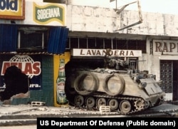 An US armored vehicle in Panama during the 1989-90 American invasion of the country dubbed Operation Just Cause.