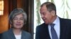 Russian Foreign Minister Sergei Lavrov (right) meets his South Korean counterpart Kang Kyung-wha in Moscow on June 17. 