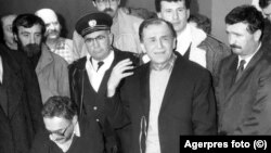 1989 Romanian Revolution. Ex-communist official Ion Iliescu speaking in studio 4 of the public television. 