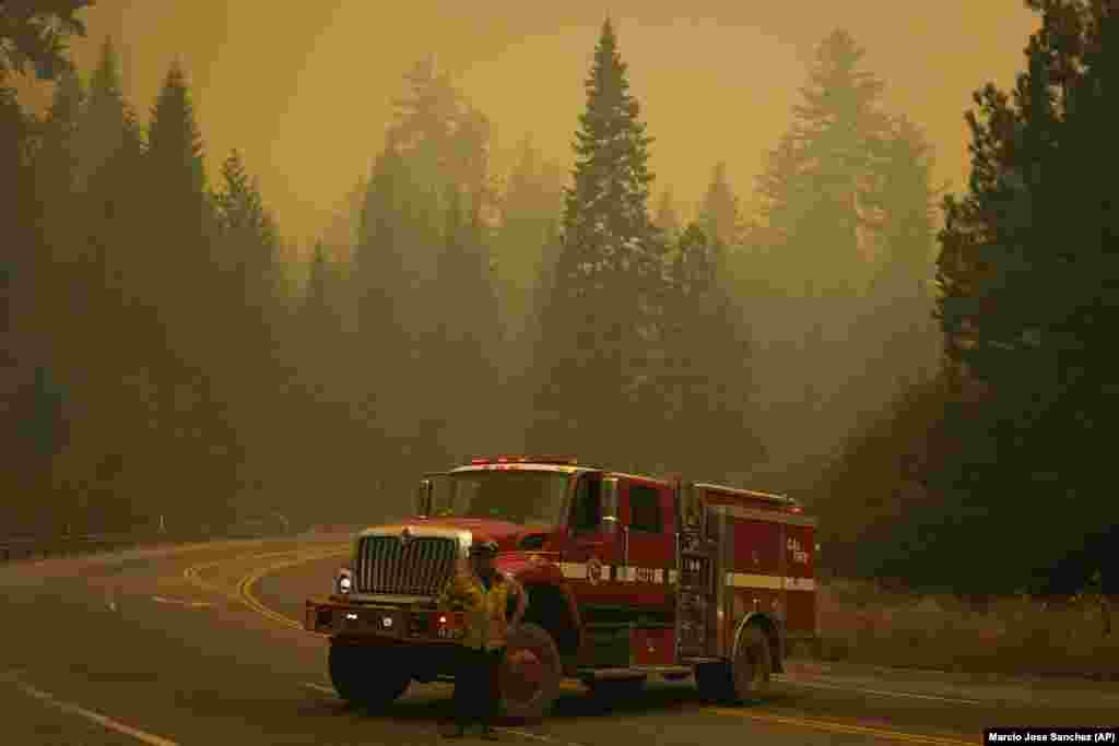 Az óriási, Creek Fire elnevezésű erdőtüzet szemlélik a tűzoltők a 168-as főútról. A Creek Fire Kalifornia középső részein tarolt le már 550 négyzetkilométert a Sierra Nevada nyugati oldalánál. 