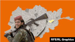 Një militant taliban dhe pas tij harta e Afganistanit. 