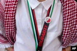 Një karficë me simbolin e shalqirit gjatë një proteste ku u bë thirrje për armëpushim në luftën Izrael-Hamas. Dubai, 3 dhjetor 2023.