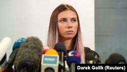 Белорусская легкоатлетка Кристина Тимановская на пресс-конференции в Варшаве. 5 августа 2021 года