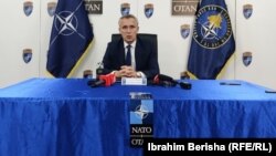 NATO Secretary-General Jens Stoltenberg speaking at a press conference in Pristina on July 1