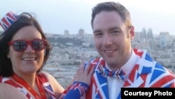 British Eurovision scholar Paul Jordan (right), also known as "Dr. Eurovision," posing with a friend in Union Jack outfits during the 2012 edition of the song contest in the Azerbaijani capital, Baku. 