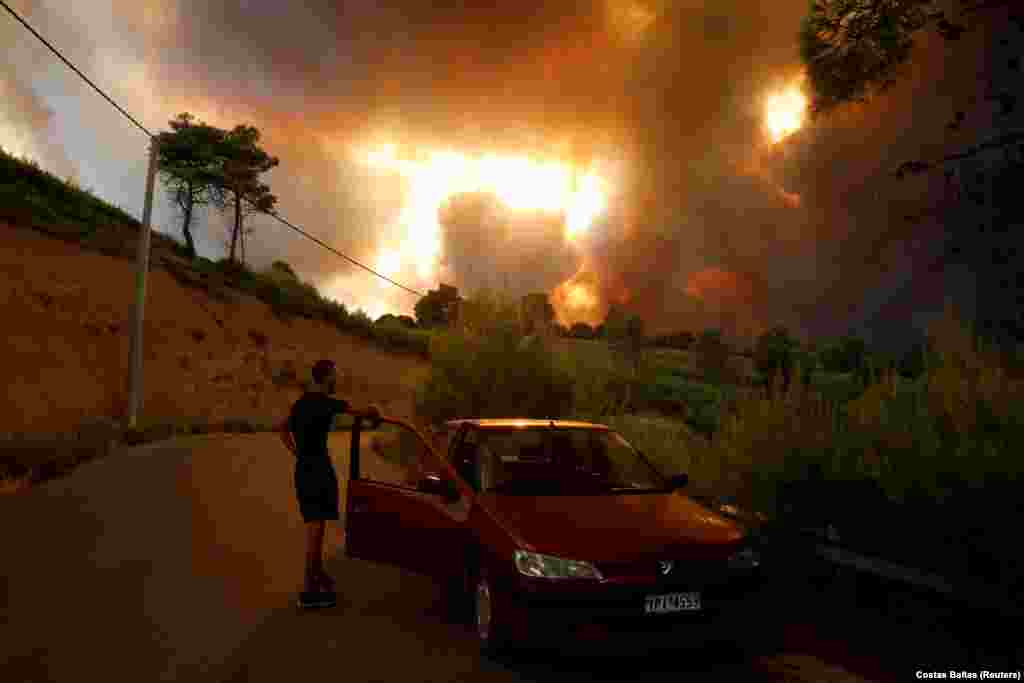 Një burrë duke shikuar nga një zjarr i egër që digjte një zonë pyjore në veri të Athinës, në Greqi. (5 gusht)