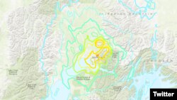 نقشه‌ای که سازمان زمین‌شناسی آمریکا از زلزله در ایالت آلاسکا منتشر کرده است