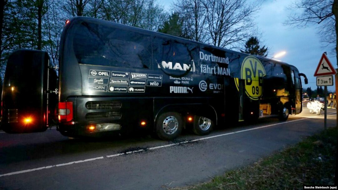 The team bus of Borussia Dortmund is seen following the attack on April 11.