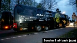 The team bus of Borussia Dortmund is seen following the attack on April 11.