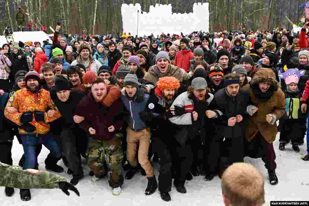 Russian men participate in a mass fight competition close to village of Gzhel, not far from Moscow.