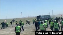 Videos and photos that circulated on social media showed hundreds of workers in hard hats and uniforms massing at a site near the Tengiz oil field. 