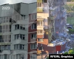 Слева: последствия попадания украинского дрона в жилой дом на ул. Атласова в поселке Московский, 30 мая 2023 года. Справа: последствия попадания украинского дрона в жилой дом в Зеленограде, 17 мая 2026 года.