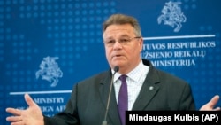 LITHUANIA -- Lithuanian Foreign Minister Linas Linkevicius answers questions during a meeting with the press in the Ministry of Foreign Affairs in Vilnius, August 11, 2020