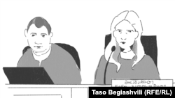 ნახატი სასამართლო სხდომიდან: მოსამართლე ნინო გალუსტაშვილი (მარჯვნივ) და სხდომის მდივანი