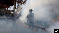 A worker sprays disinfectant at an outdoor market to prevent the spread of the coronavirus in Karachi on January 20.