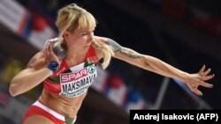 Yana Maksimava competes in the women's pentathlon shot put at the 2017 European Athletics Indoor Championships in Belgrade.