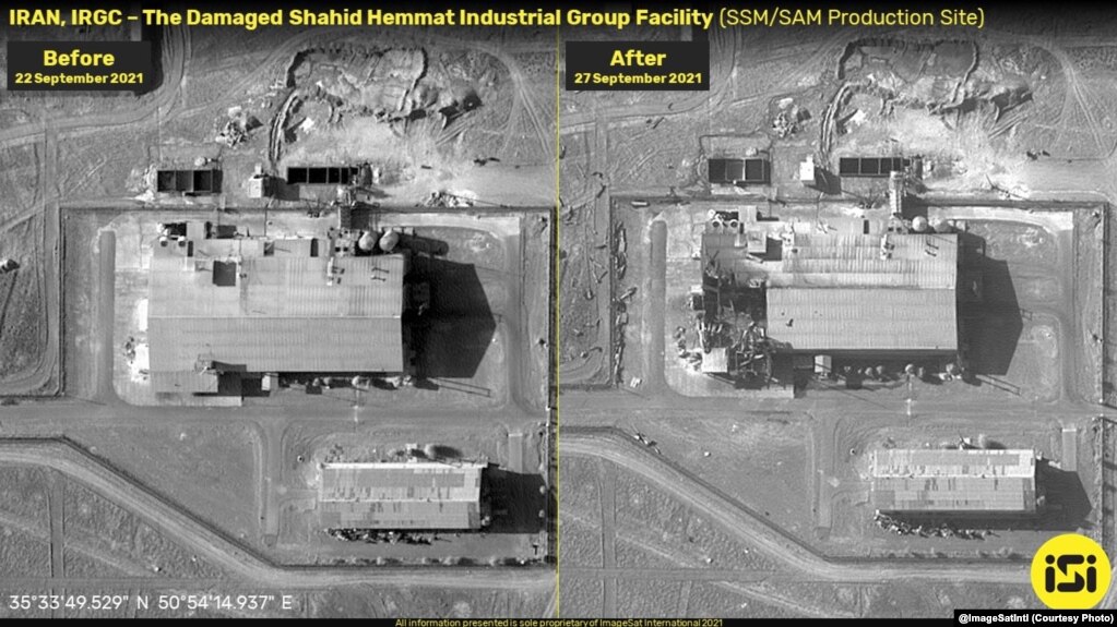 تصویری از ساختمان گروه صنعتی شهید همت؛ (سمت چپ، قبل از انفجار؛ سمت راست، بعد از انفجار). عکس از: ایمیج ست اینتل
