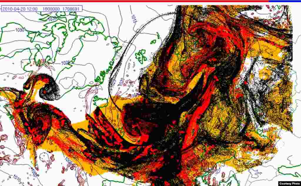 Projected spread of Icelandic ash cloud (20.4. 1200 UTC) - These images show a projection of the movement of the ash clouds from the Iceland volcanic eruption moving over Europe. The colors on the map represent: yellow: ash that has fallen by itself red: ash that has fallen by precipitation black: the actual ash cloud Source: Norwegian Meteorological Institute