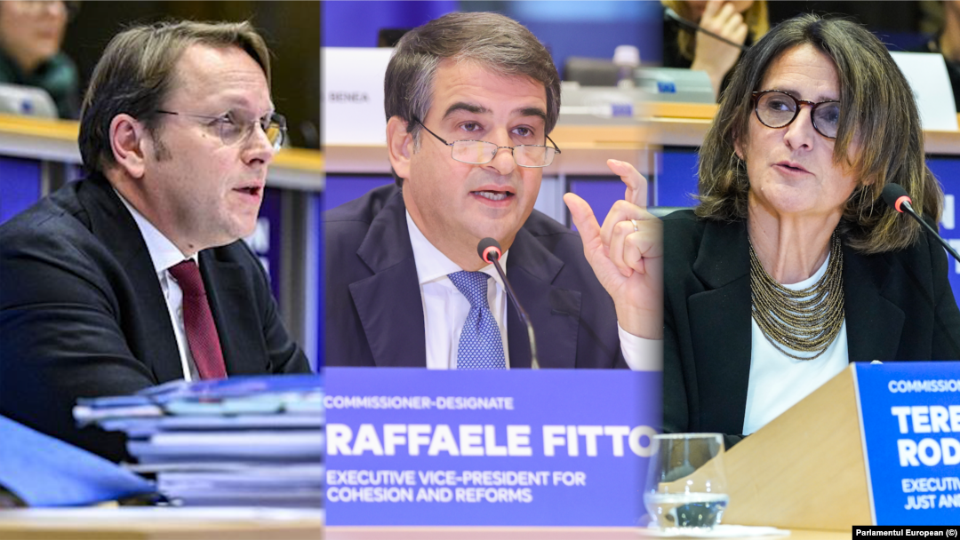 Cei trei comisari europeni asupra cărora grupurile din Parlamentul European nu se pot hotărî: ungurul Oliver Varhelyi, italianul Raffaele Fitto și spaniola Teresa Ribera.