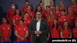 Presidenti serb Aleksandar Vuçiq, në takim me përfaqësuesit e Komitetit Olimpik të Serbisë, 9 korrik 2021.