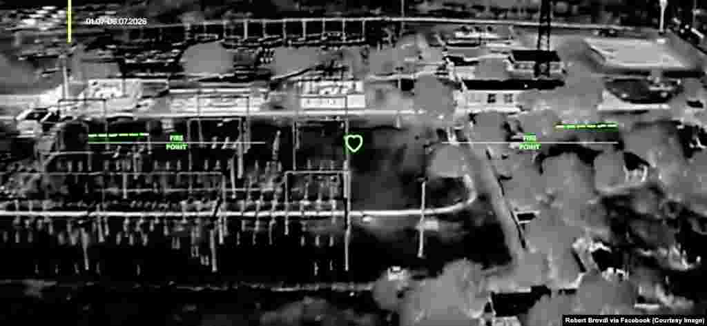 A frame grab from a Ukrainian strike-drone video that was released on July 6 shows one of several recent attacks on Crimean electrical stations.The power crisis comes after Ukrainian forces claimed to have made 38 drone strikes targeting Crimea’s electricity infrastructure since July 1, including an attack on the energy grid of Simferopol, Crimea’s capital and second-largest city, on July 6.