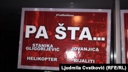 Protesters mounted stickers on the entrances to public broadcaster Radio Television of Serbia that said "So What." 