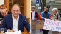 Primarul Chișinăului, Ion Ceban, și protestatari pentru drepturile omului, în fața primăriei capitalei, pe 15 2025 (colaj Europa Liberă) 