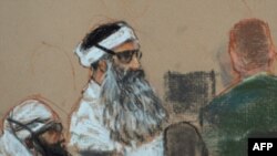 A courtoom drawing shows Khalid Sheikh Muhammad and co-defendant Walid Bin Attash at a pretrial session in Guantanamo Bay.