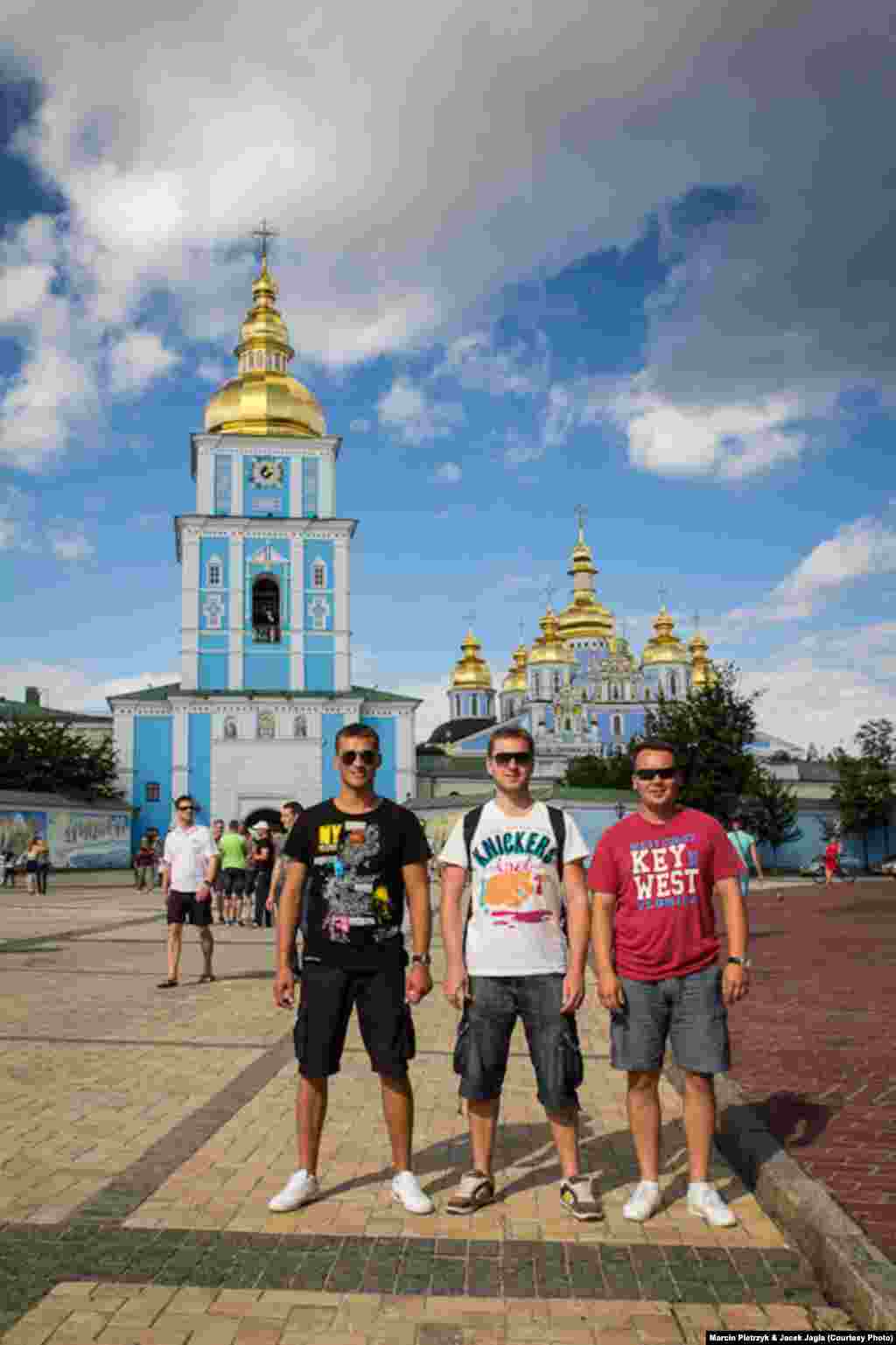 Piotrek (left), Jacek, and an unidentified friend at Pechersk Lavra in Kyiv.