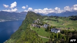 (FILES) An aerial picture taken on May 10, 2024 shows the Burgenstock resort above Lake Lucerne.