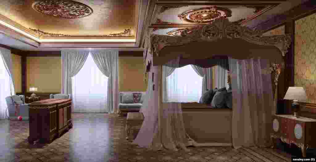 A rendering of a room alleged to be used by Putin himself. Gymnastic equipment at the far left of the digital image is an apparent reference to Alina Kabayeva, a gold-medal gymnast widely believed to be Putin&#39;s partner.&nbsp;