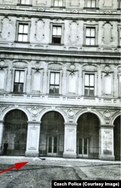 An archival photograph released by Czech Police purportedly showing the body of Jan Masaryk, in the courtyard of the Foreign Ministry on March 10, 1948.