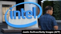 The Intel logo is displayed outside of the Intel headquarters on April 26, 2018 in Santa Clara, California. Intel will report first quarter earnings today after the closing bell. 