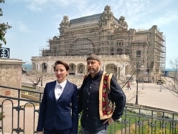 Laura Voicila and Apollon Cristodulo outside the casino in Constanta on May 19.