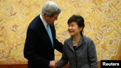 U.S. Secretary of State John Kerry meets with South Korean President Park Geun-hye in Seoul on February 13.