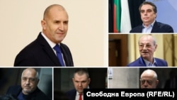Колаж на Румен Радев, Асен Василев, Ахмед Доган, Бойко Борисов, санцкионираният за корупция Делян Пеевски и Атанас Атанасов.